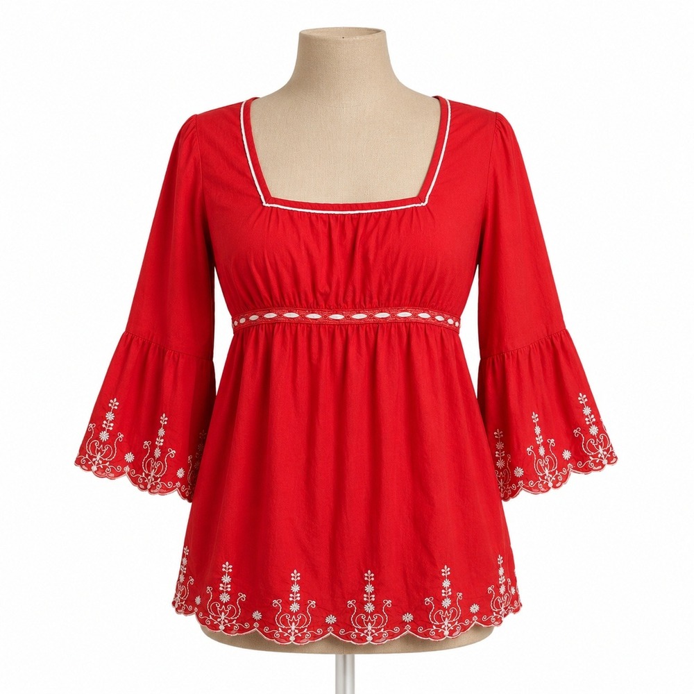 Vintage Y2K Floral Eyelet Babydoll Peasant Top Sz M Red 100% Cotton Cottagecore